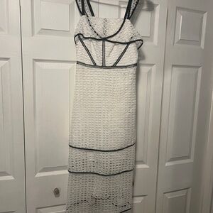 Gianni Bini White Lace Midi Dress with Black Trim